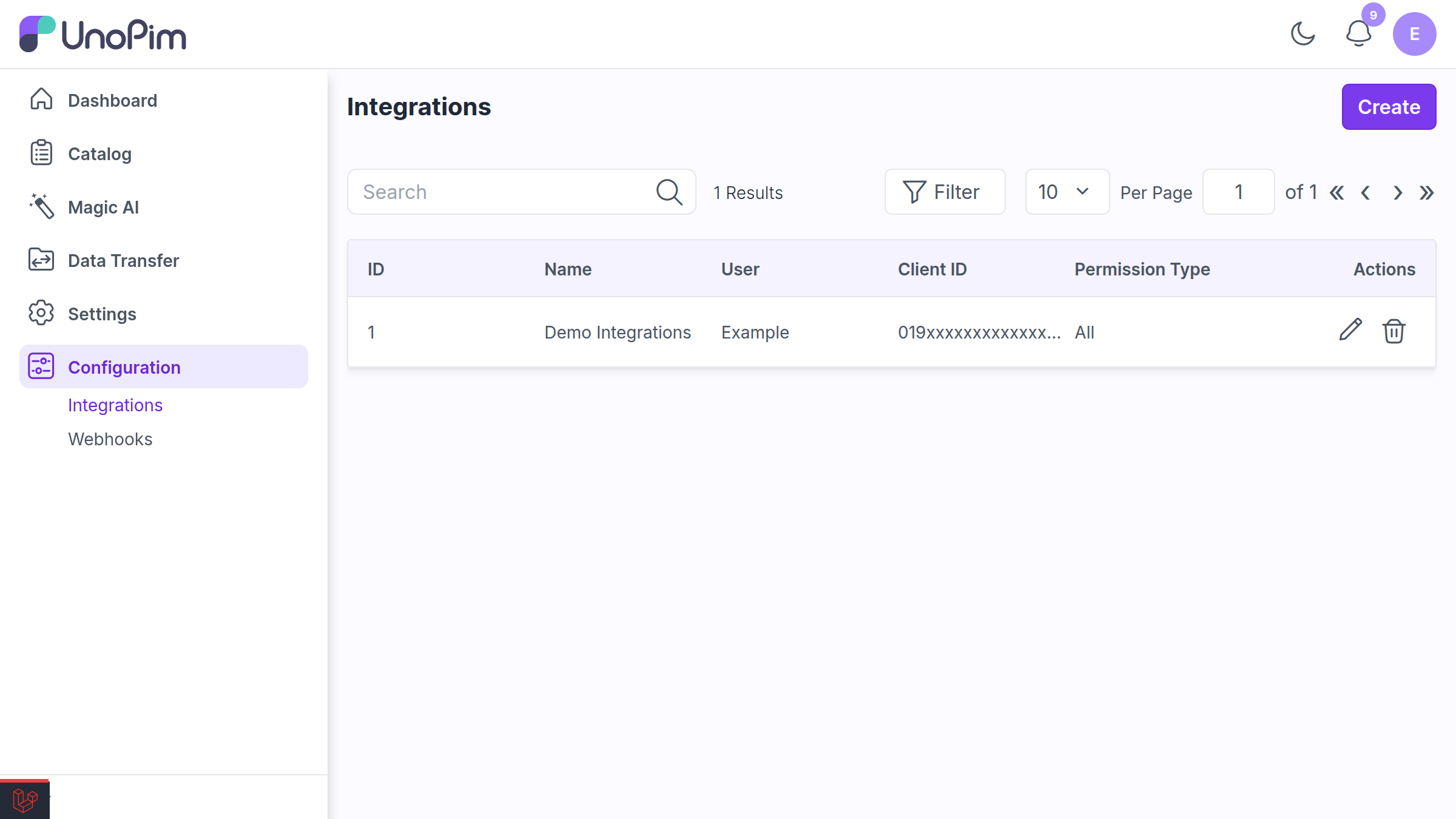 Configuration Integrations tab