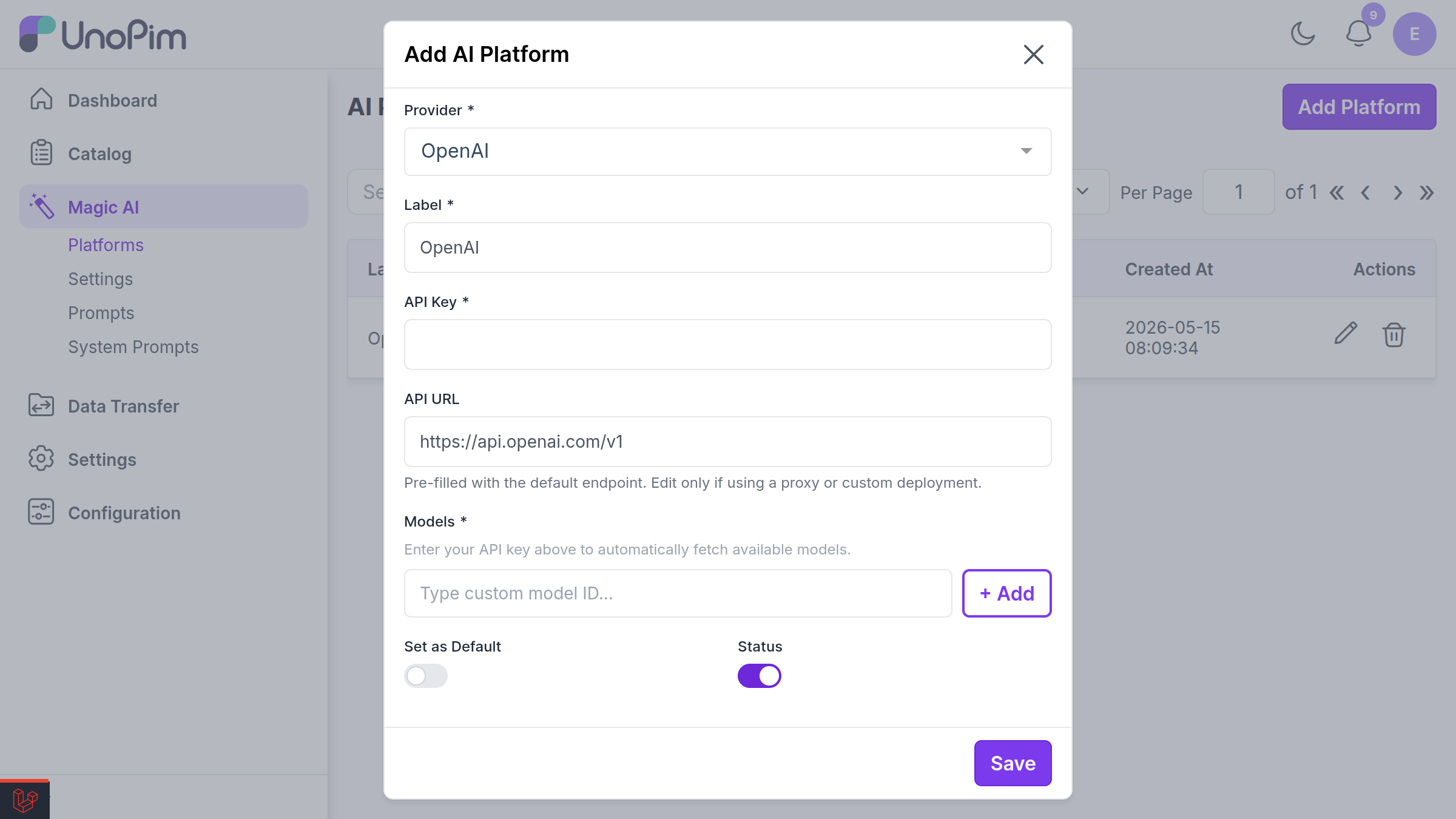MagicAI custom provider configuration form