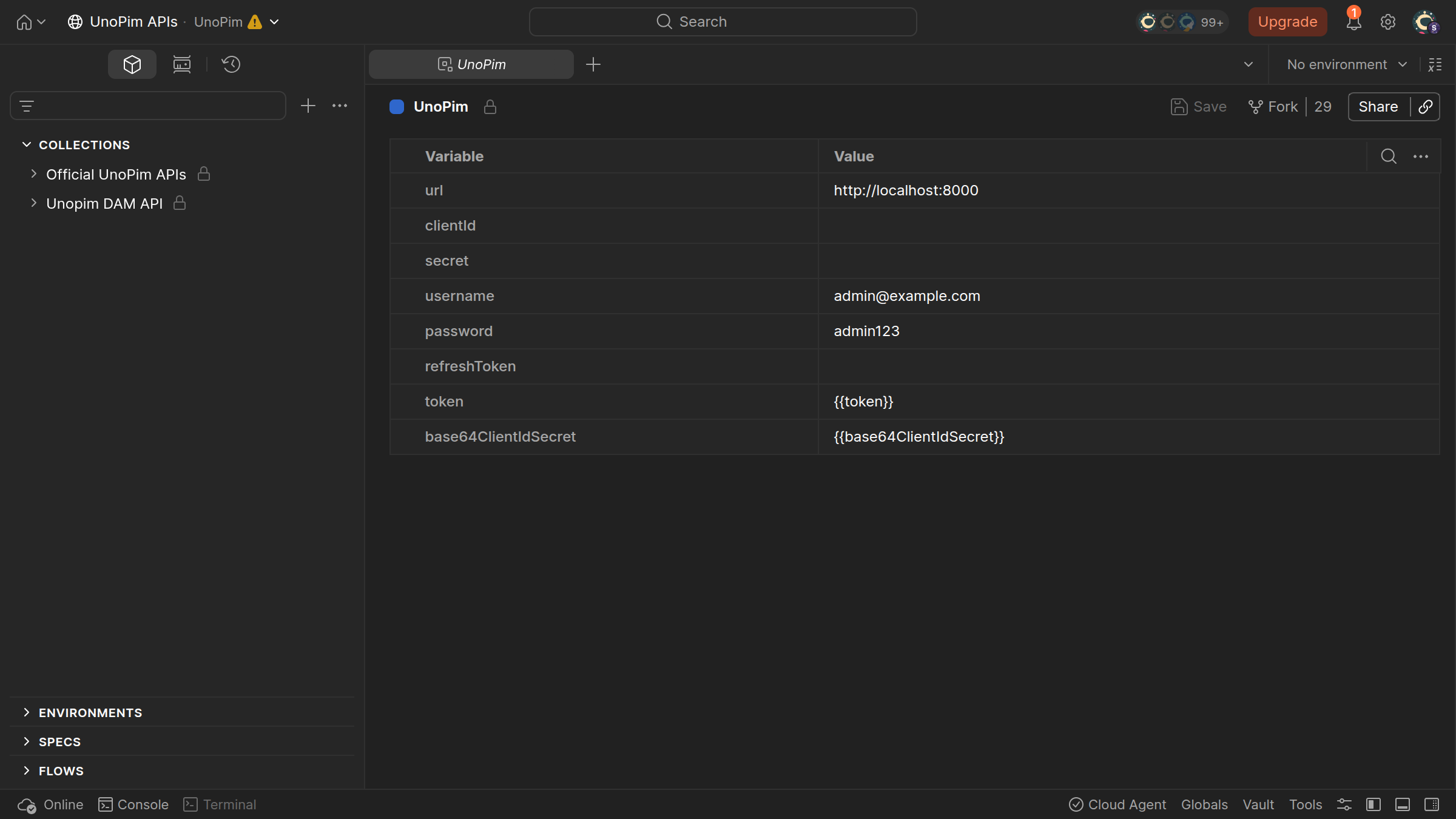 Postman environment export