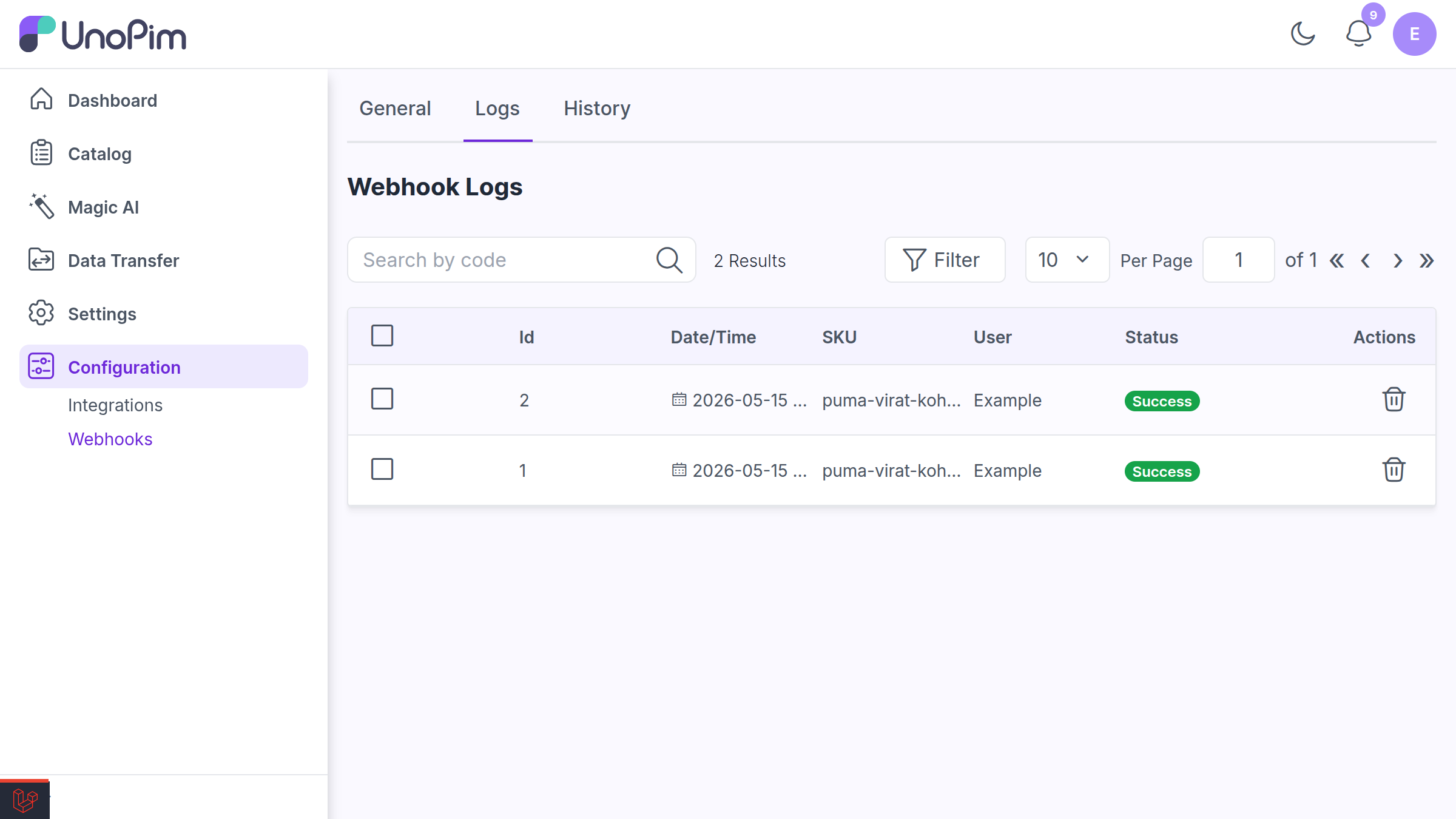 Webhook logs grid