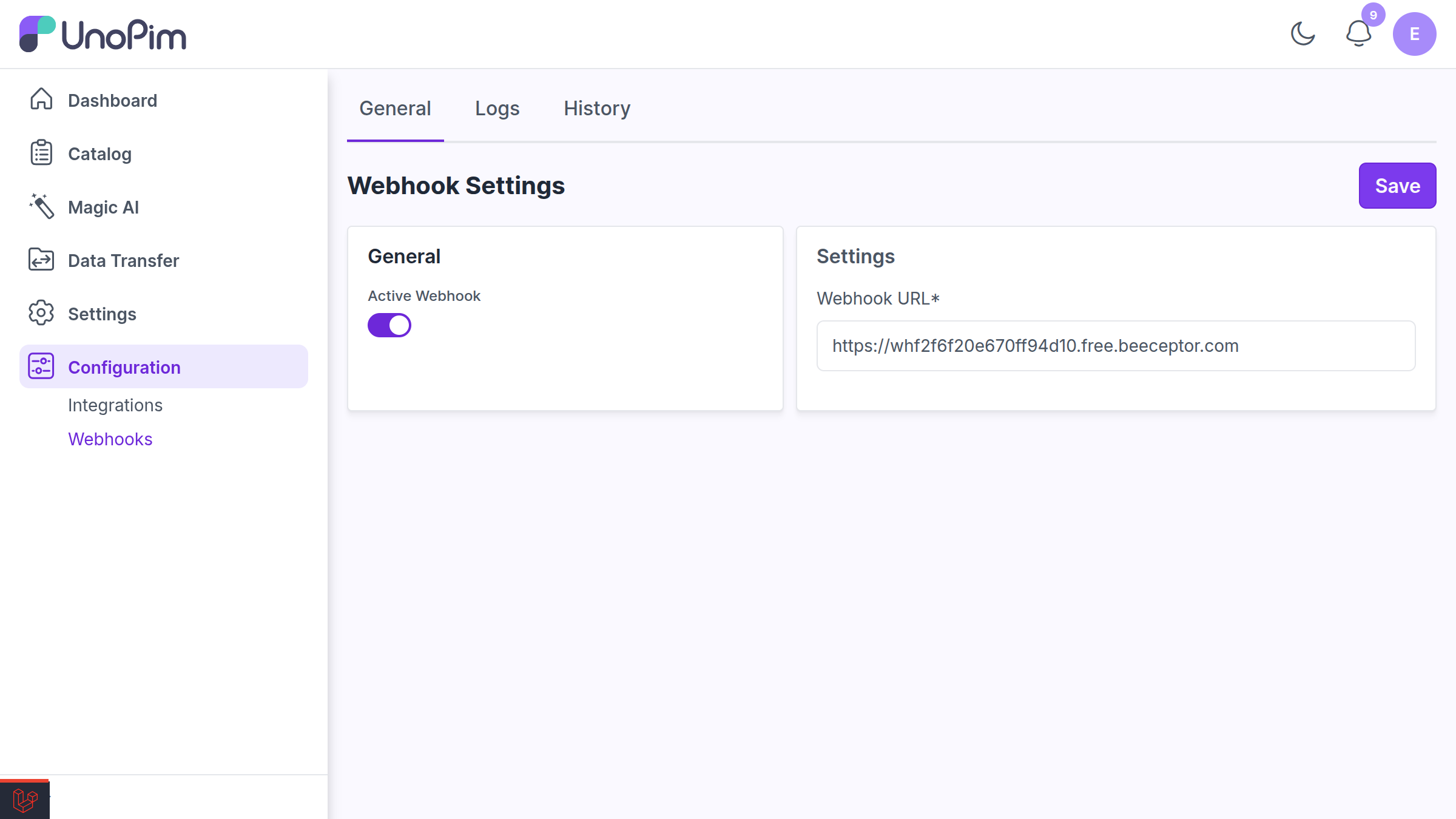 Webhook settings screen