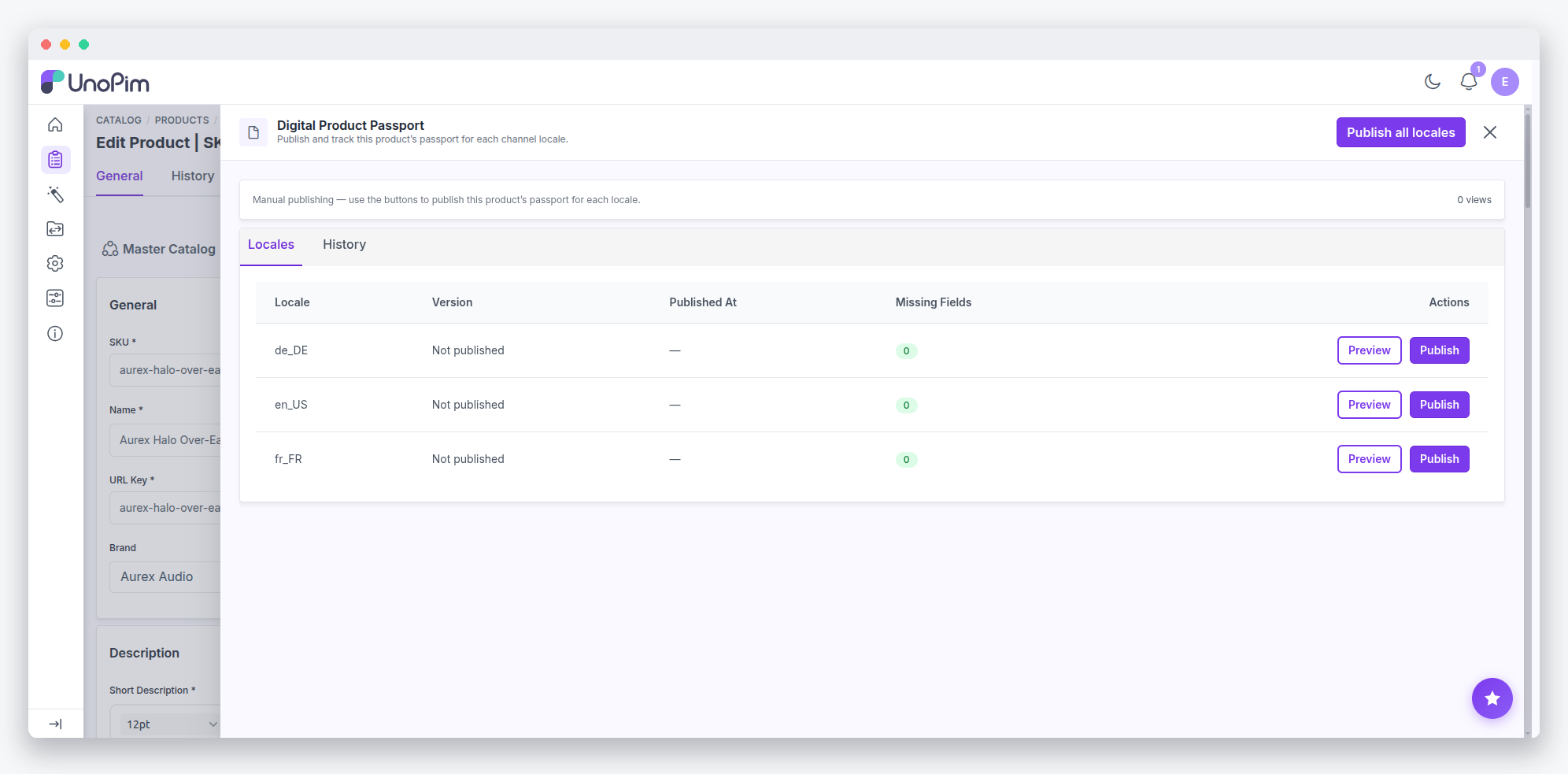 Per-locale publish panel on the product edit page