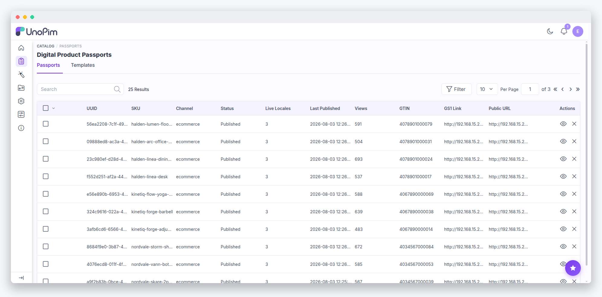 Digital Product Passports grid with GTIN, GS1 links, and views