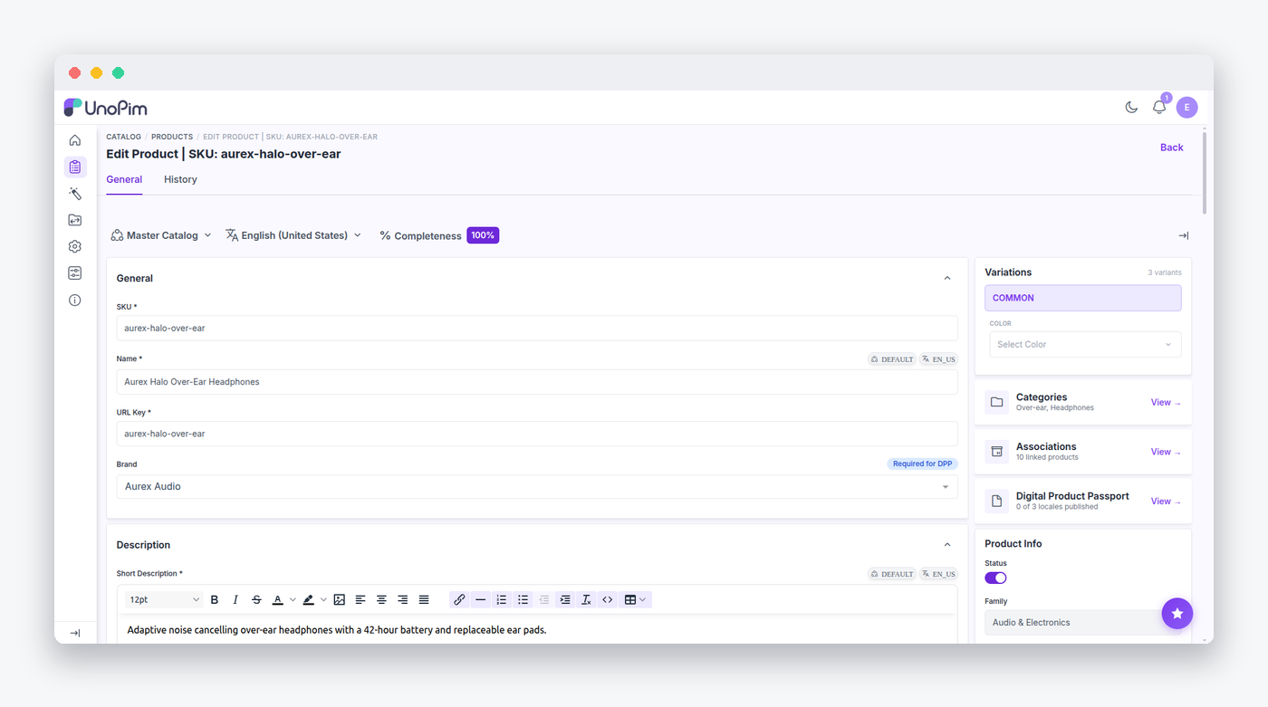A configurable product with its variations panel
